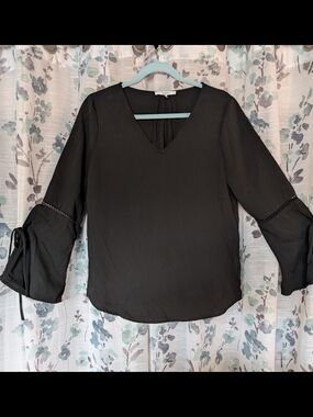 Black V-Neck Bell Sleeve Blouse by Lush